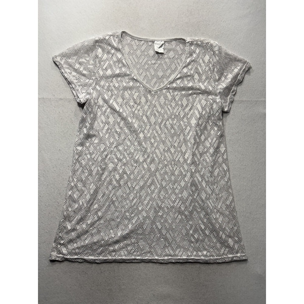 88MADISON Shirt Womens XL White Lace Geometric V Neck Sheer Summer T-Shirt